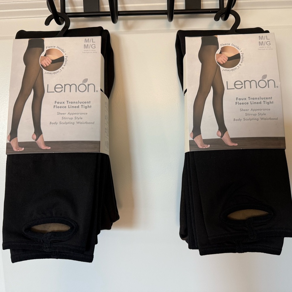 Lemon brans fleece lined tights. Black “transparent” nude underneath size M/L